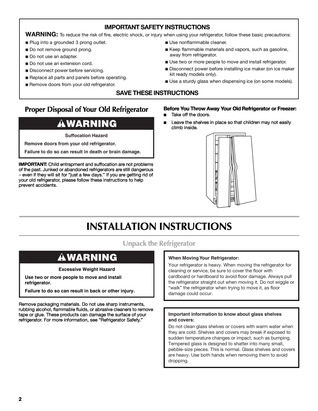 Maytag MSD2272VES Installation Instructions, Unpack the Refrigerator, Important Safety Instructions, Suffocation Hazard 
