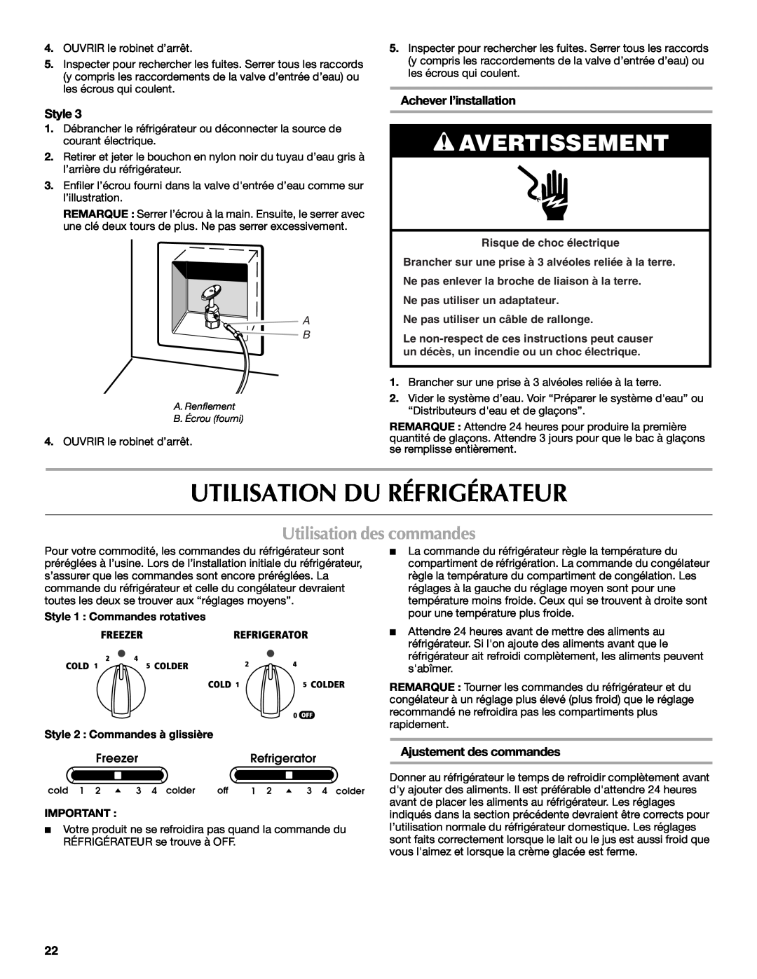 Maytag MSD2272VES Utilisation Du Réfrigérateur, Utilisation des commandes, Avertissement, Style, Achever l’installation 