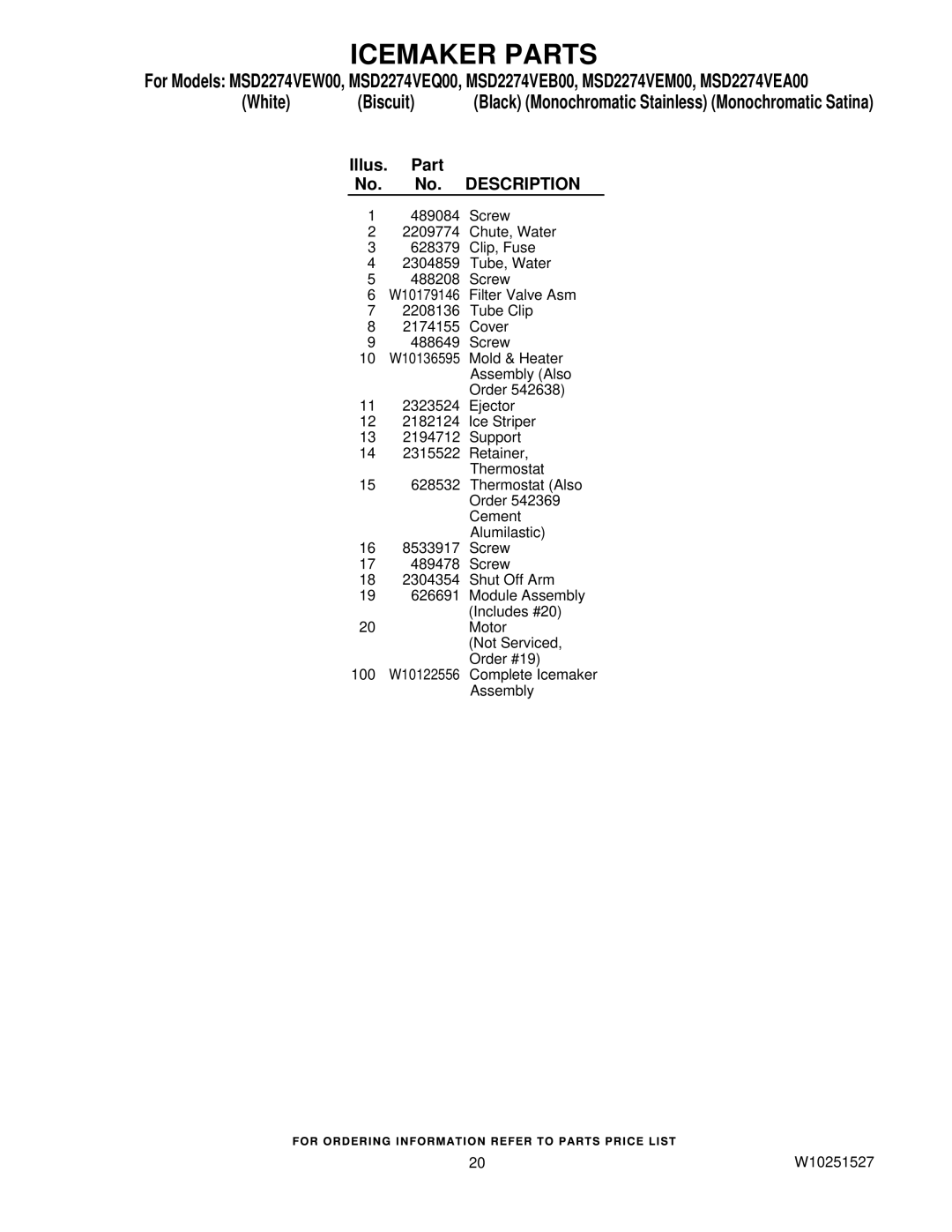 Maytag MSD2274VEW00, MSD2274VEB00, MSD2274VEA00, MSD2274VEM00 manual 100 W10122556 Complete Icemaker Assembly W10251527 