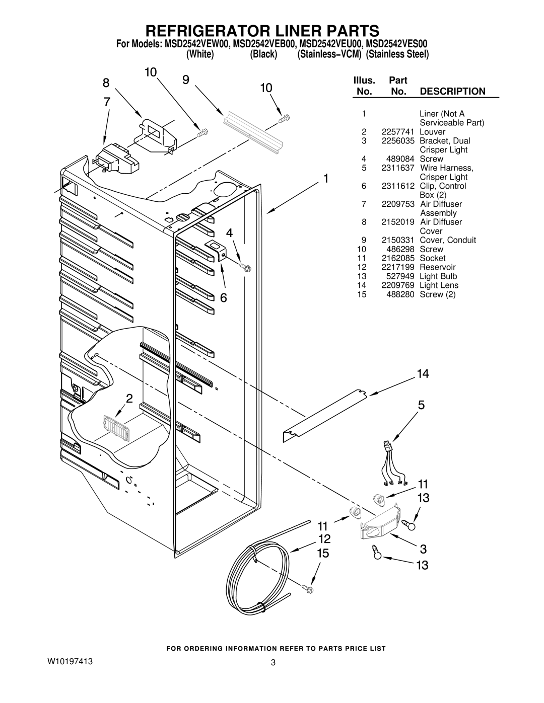 Maytag MSD2542VES00, MSD2542VEW00, MSD2542VEU00, MSD2542VEB00 manual Refrigerator Liner Parts, Illus Part 