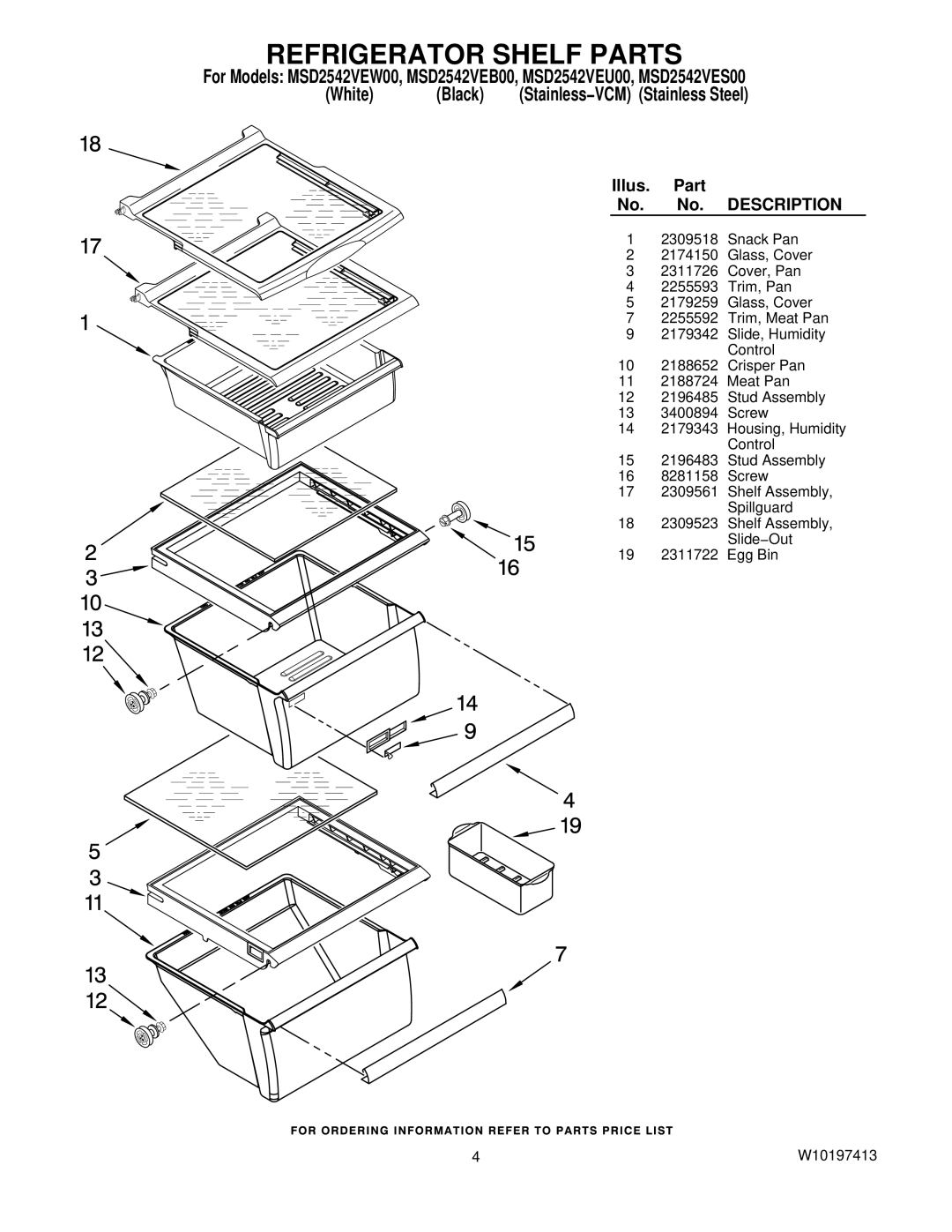 Maytag MSD2542VEW00, MSD2542VEU00, MSD2542VEB00, MSD2542VES00 manual Refrigerator Shelf Parts 