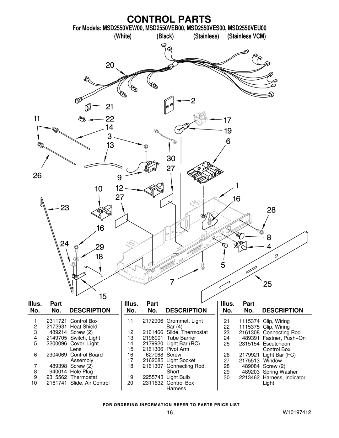 Maytag MSD2550VEU00, MSD2550VEB00, MSD2550VEW00, MSD2550VES00 manual Control Parts 