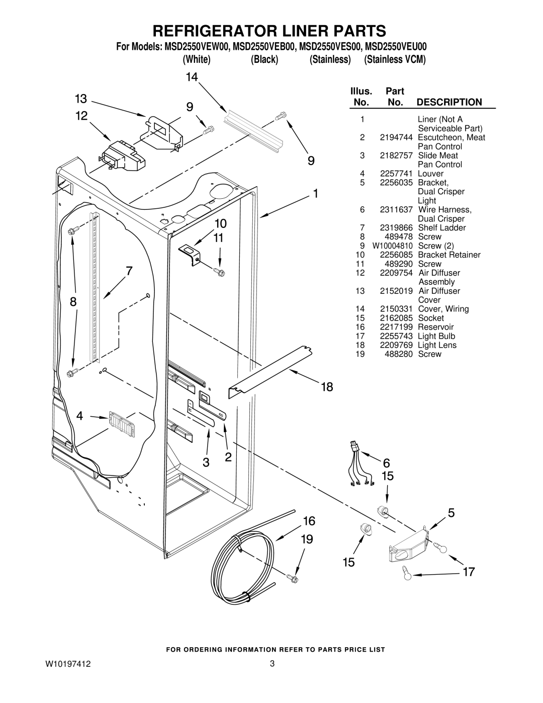 Maytag MSD2550VES00, MSD2550VEU00, MSD2550VEB00, MSD2550VEW00 manual Refrigerator Liner Parts, Description 