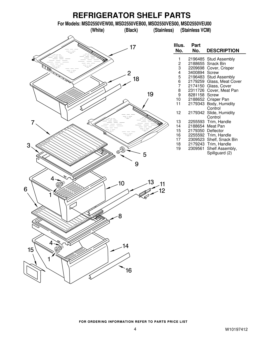 Maytag MSD2550VEU00, MSD2550VEB00, MSD2550VEW00, MSD2550VES00 manual Refrigerator Shelf Parts 