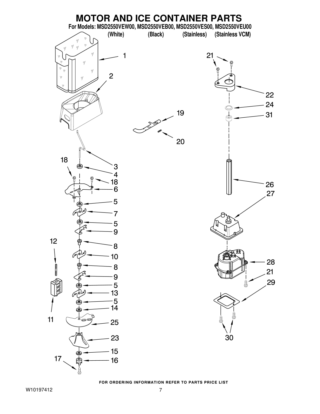 Maytag MSD2550VES00, MSD2550VEU00, MSD2550VEB00, MSD2550VEW00 manual Motor and ICE Container Parts 