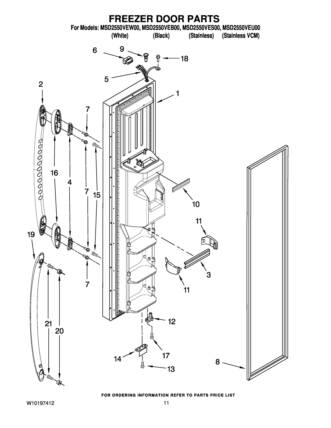 Maytag manual Freezer Door Parts, For Models MSD2550VEW00, MSD2550VEB00, MSD2550VES00, MSD2550VEU00, White, Black 