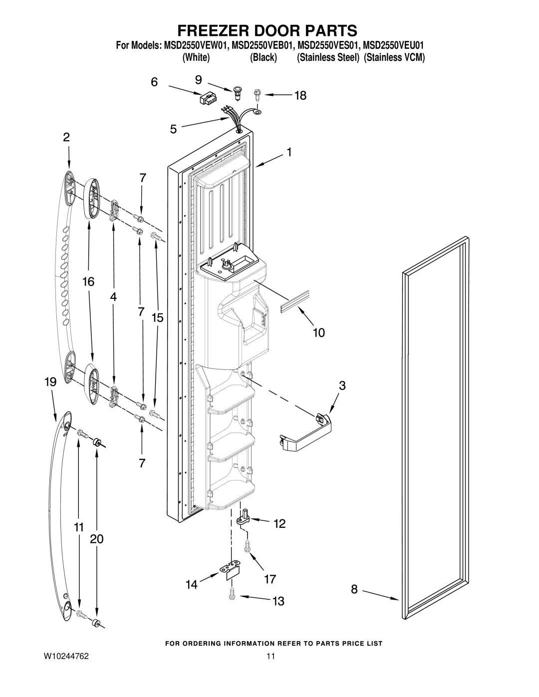 Maytag MSD2550VEU01, MSD2550VEW01, MSD2550VES01, MSD2550VEB01, W10244762 manual Freezer Door Parts 