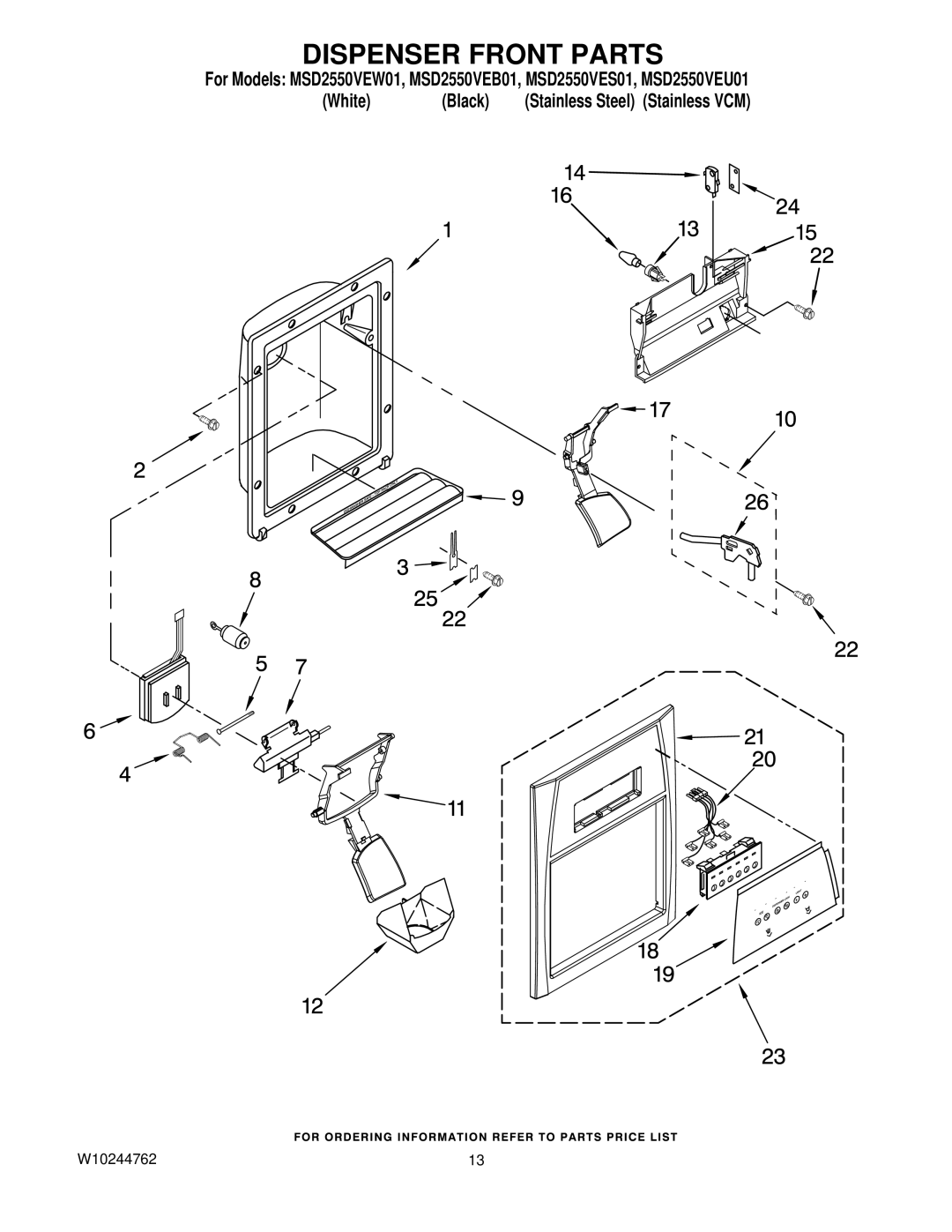 Maytag MSD2550VEB01, MSD2550VEW01, MSD2550VEU01, MSD2550VES01, W10244762 manual Dispenser Front Parts 