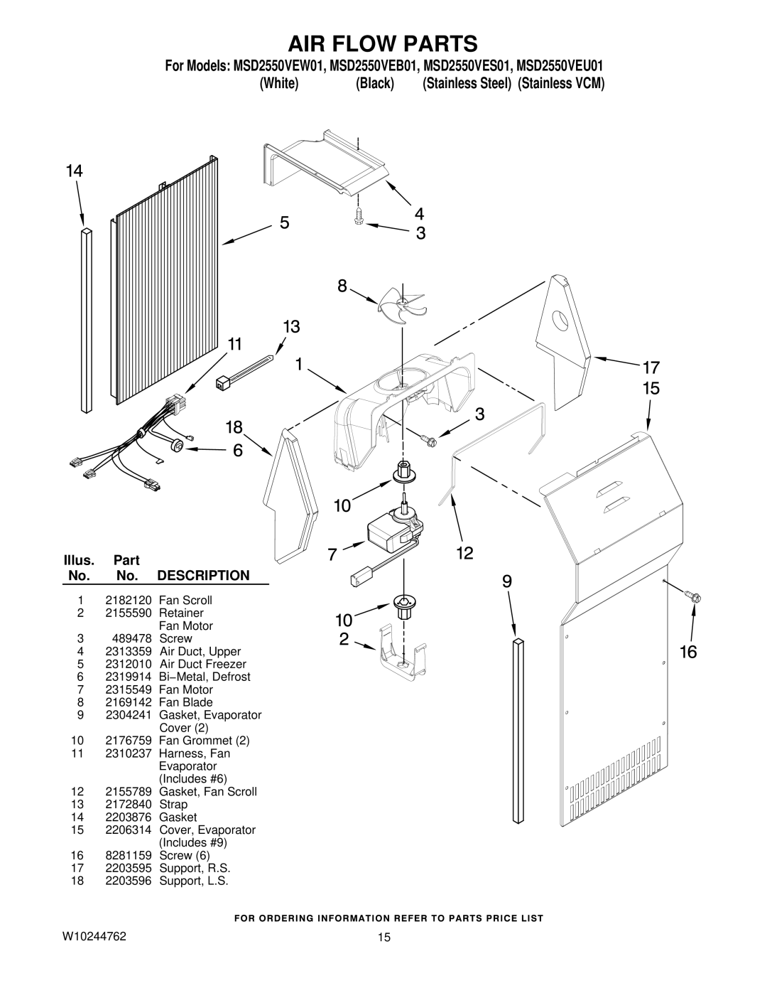 Maytag MSD2550VEW01, MSD2550VEU01, MSD2550VES01, MSD2550VEB01, W10244762 manual AIR Flow Parts 