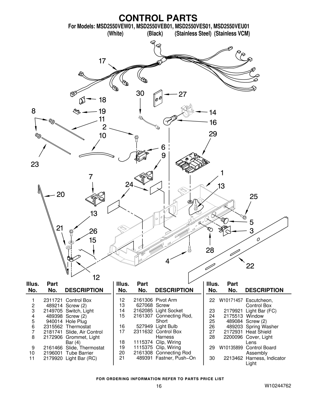 Maytag MSD2550VEU01, MSD2550VEW01, MSD2550VES01, MSD2550VEB01, W10244762 manual Control Parts 