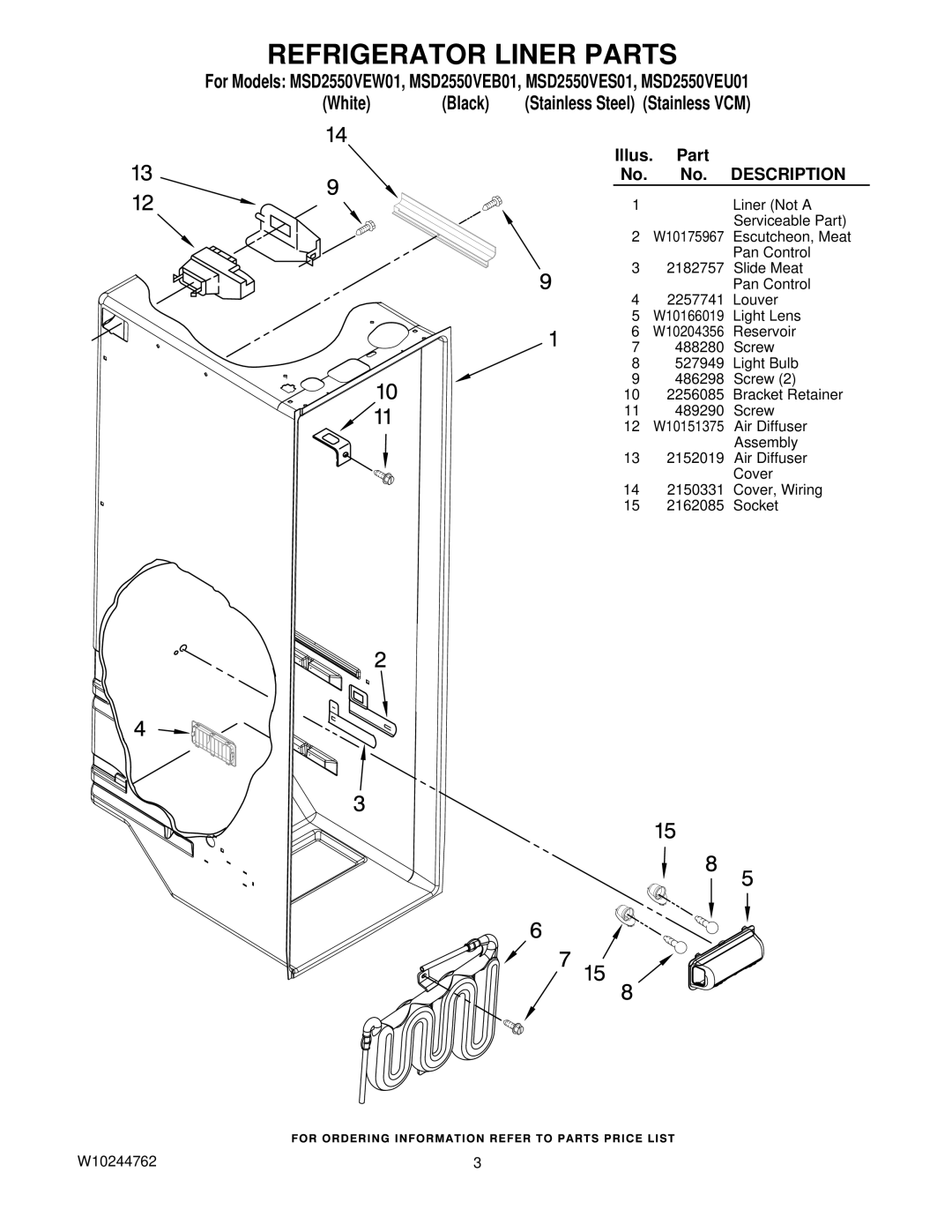 Maytag MSD2550VEB01, MSD2550VEW01, MSD2550VEU01, MSD2550VES01, W10244762 manual Refrigerator Liner Parts, Description 