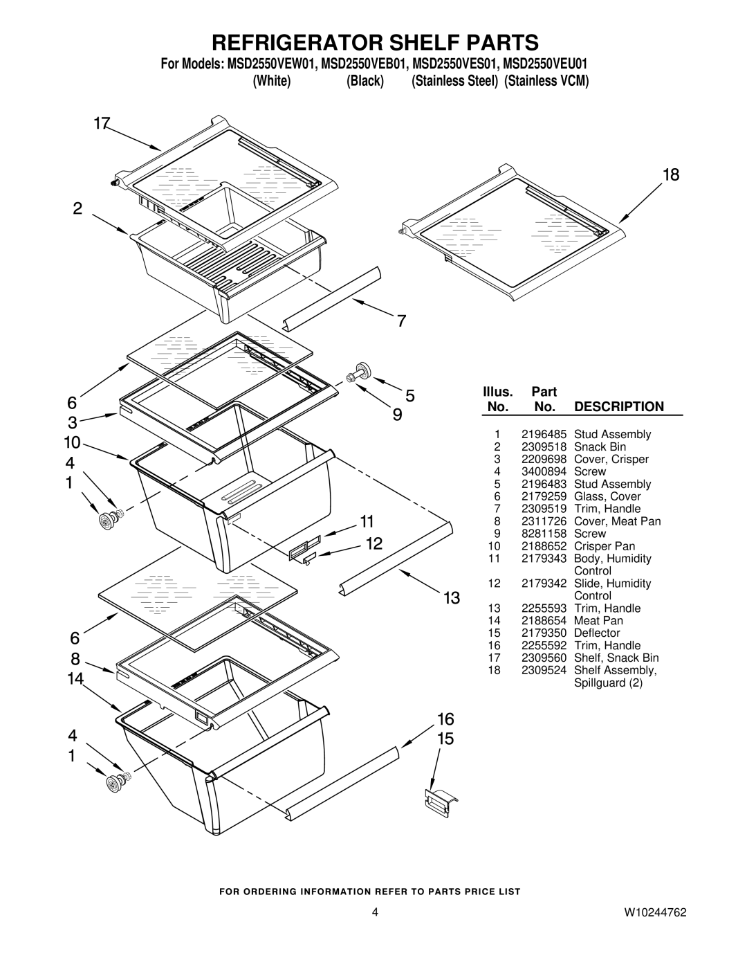 Maytag W10244762, MSD2550VEW01, MSD2550VEU01, MSD2550VES01, MSD2550VEB01 manual Refrigerator Shelf Parts 