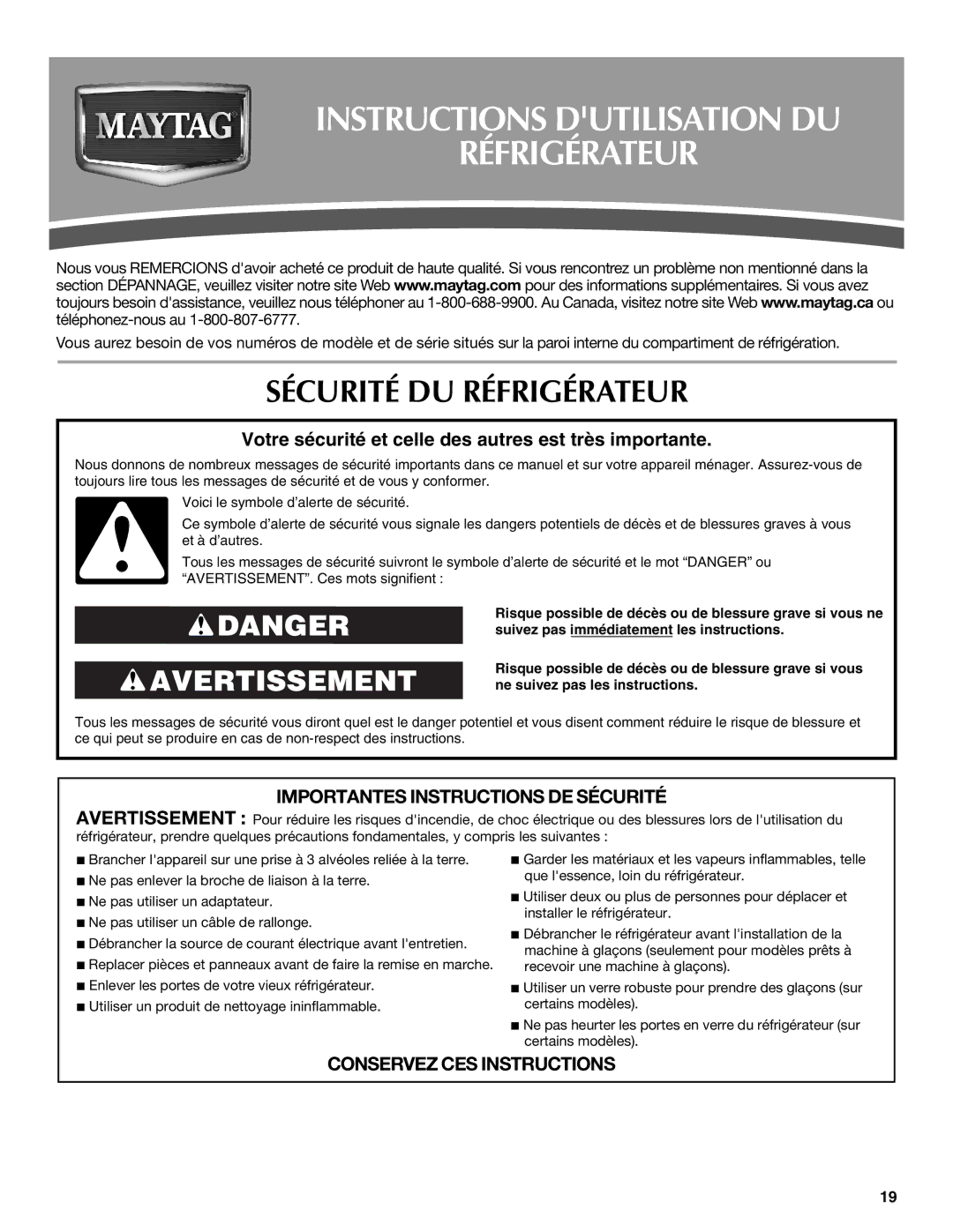 Maytag MSD2559XEB, MSD2559XEW, MSD2559XEM Instructions Dutilisation DU Réfrigérateur, Sécurité DU Réfrigérateur 