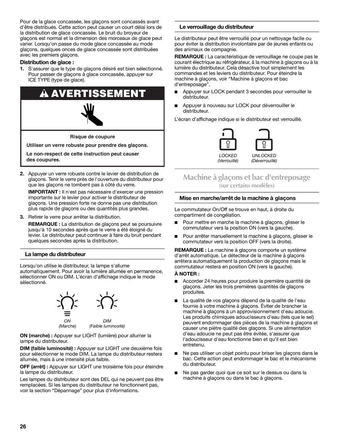 Maytag MSD2559XEM, MSD2559XEW Machine à glaçons et bac dentreposage, Distribution de glace, La lampe du distributeur 