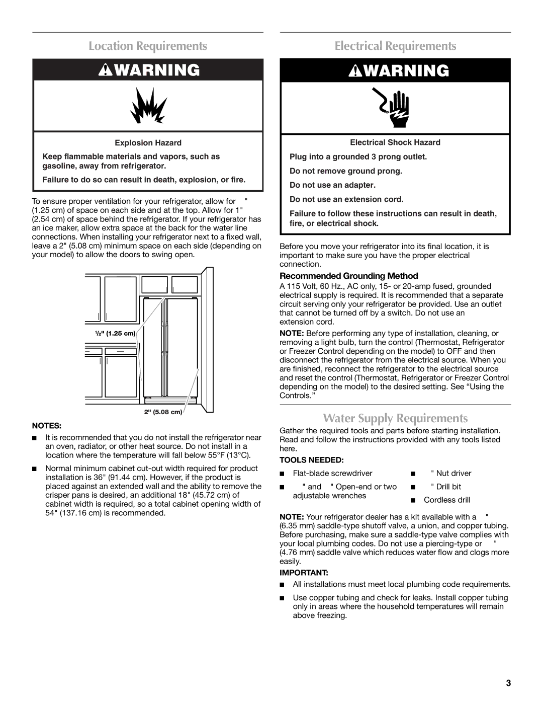 Maytag MSD2559XEW Location Requirements, Electrical Requirements, Water Supply Requirements, Recommended Grounding Method 