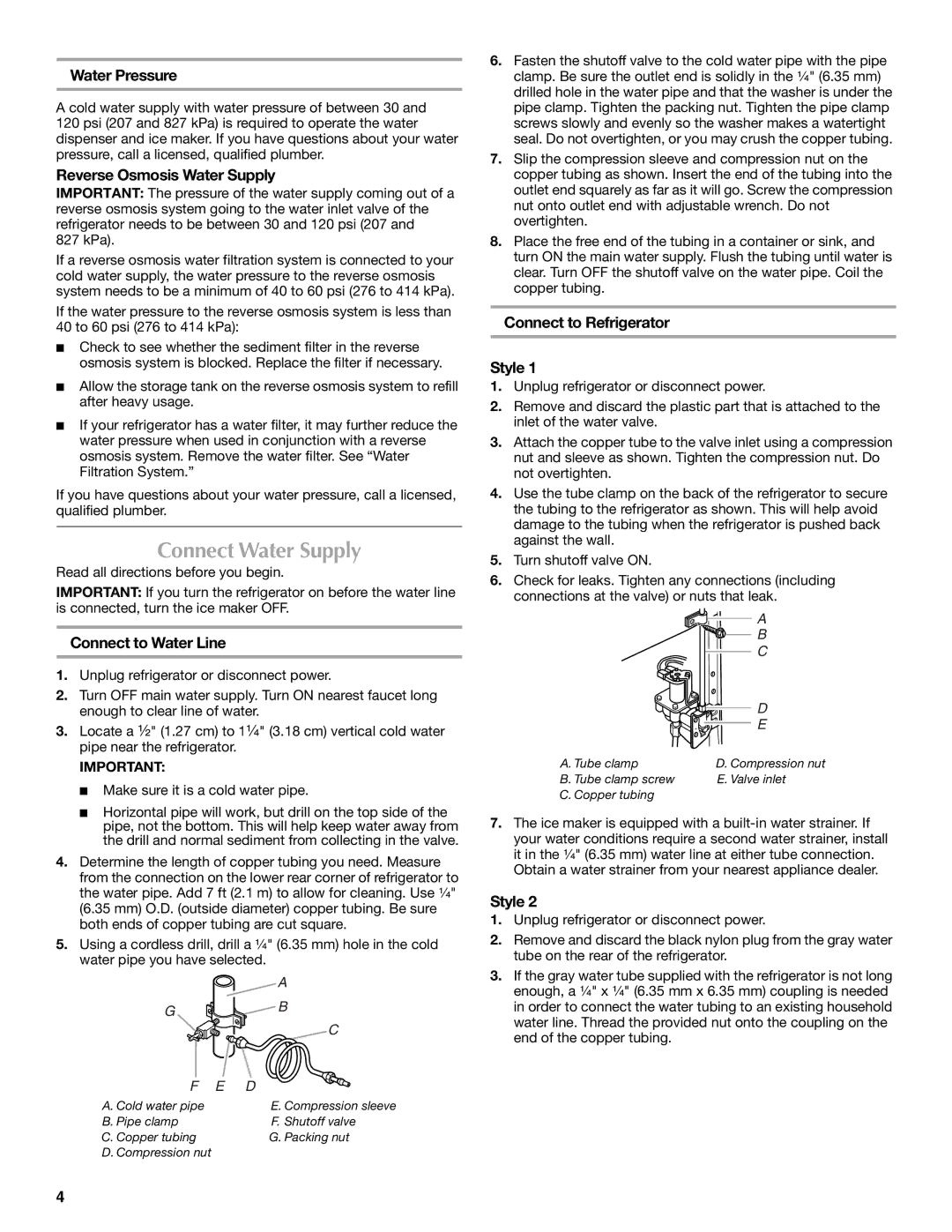 Maytag MSD2559XEB, MSD2559XEW Connect Water Supply, Water Pressure, Reverse Osmosis Water Supply, Connect to Water Line 