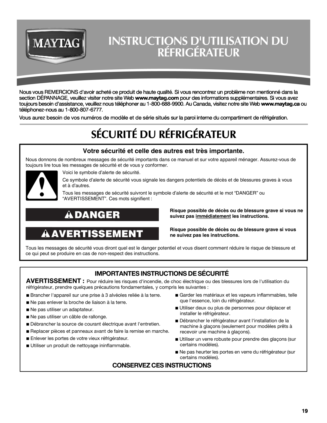 Maytag MSD2559XEB, MSD2559XEW Instructions Dutilisation Du Réfrigérateur, Sécurité Du Réfrigérateur, Danger Avertissement 