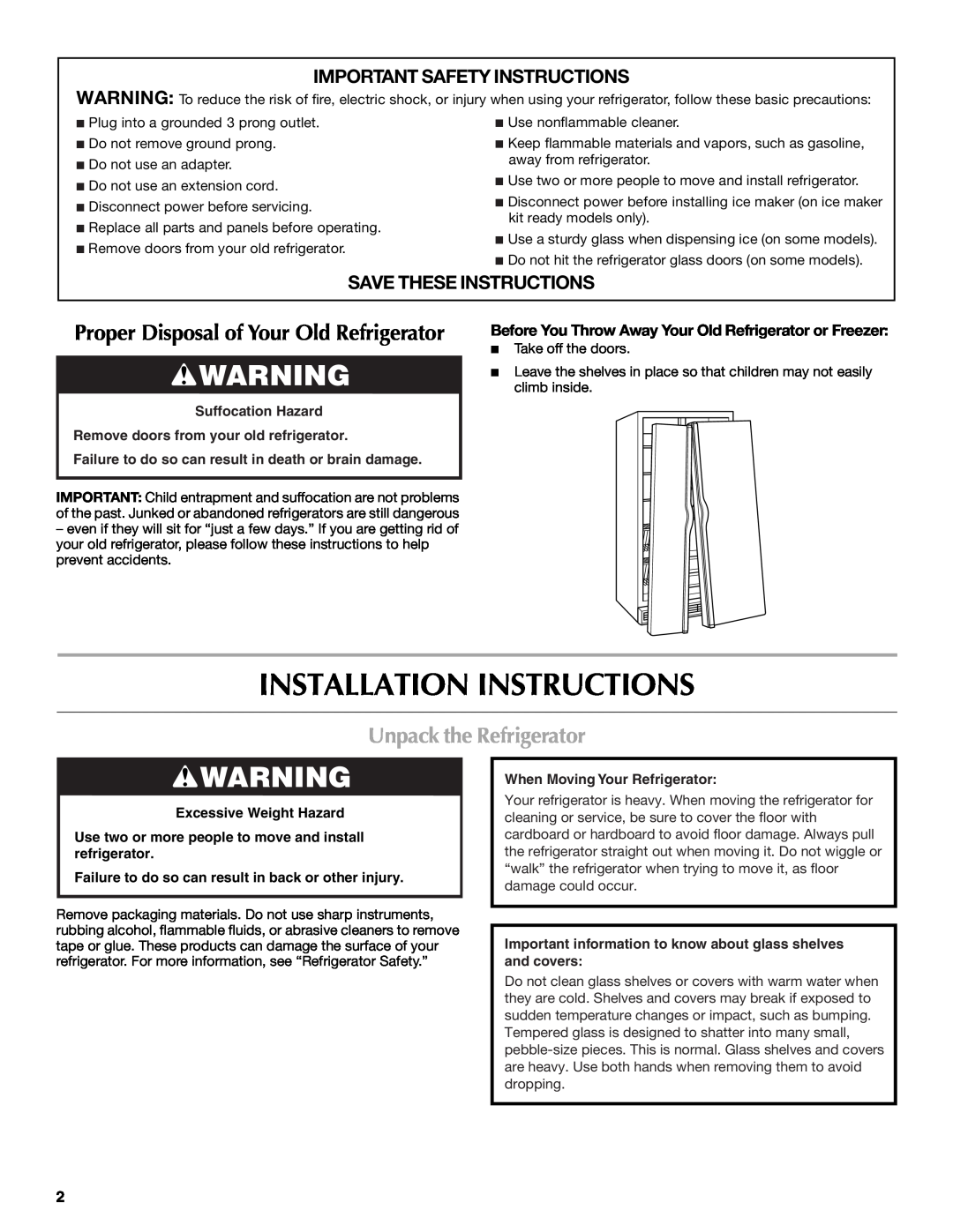 Maytag MSD2559XEM, MSD2559XEW, MSD2559XEB Installation Instructions, Unpack the Refrigerator, Important Safety Instructions 