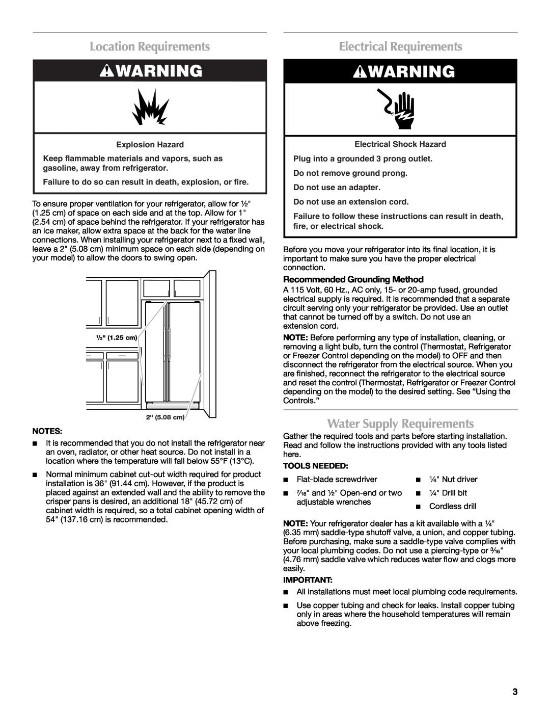 Maytag MSD2559XEW Location Requirements, Electrical Requirements, Water Supply Requirements, Recommended Grounding Method 