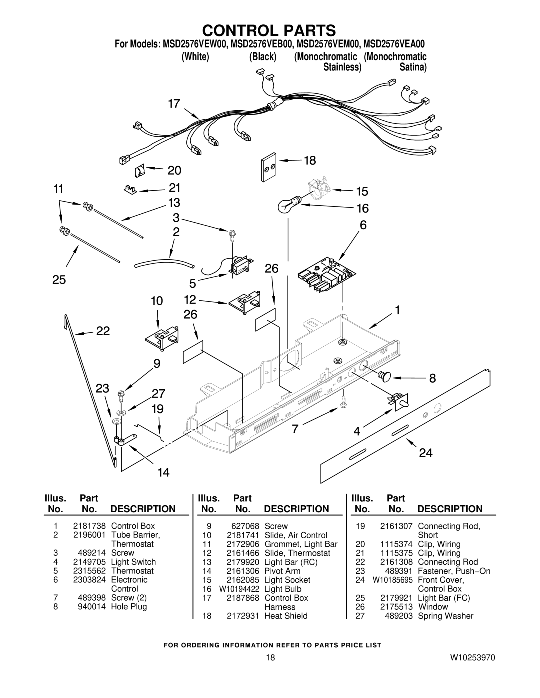 Maytag MSD2576VEA00, MSD2576VEW00, MSD2576VEM00, MSD2576VEB00 manual Control Parts 