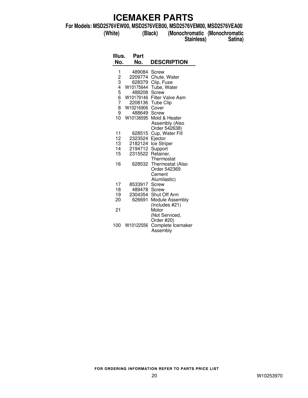 Maytag MSD2576VEW00, MSD2576VEM00, MSD2576VEA00, MSD2576VEB00 manual 100 W10122556 Complete Icemaker Assembly W10253970 