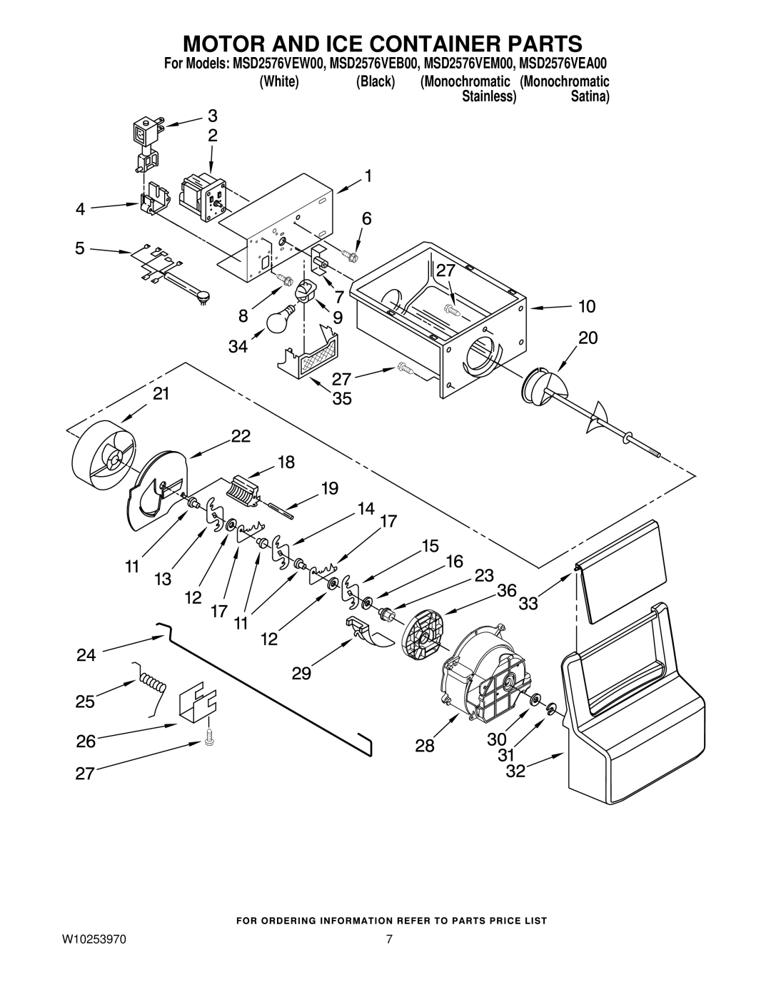 Maytag MSD2576VEB00, MSD2576VEW00, MSD2576VEM00, MSD2576VEA00 manual Motor and ICE Container Parts 