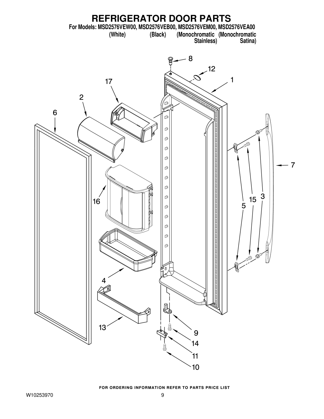 Maytag MSD2576VEM00, MSD2576VEW00, MSD2576VEA00, MSD2576VEB00 manual Refrigerator Door Parts 