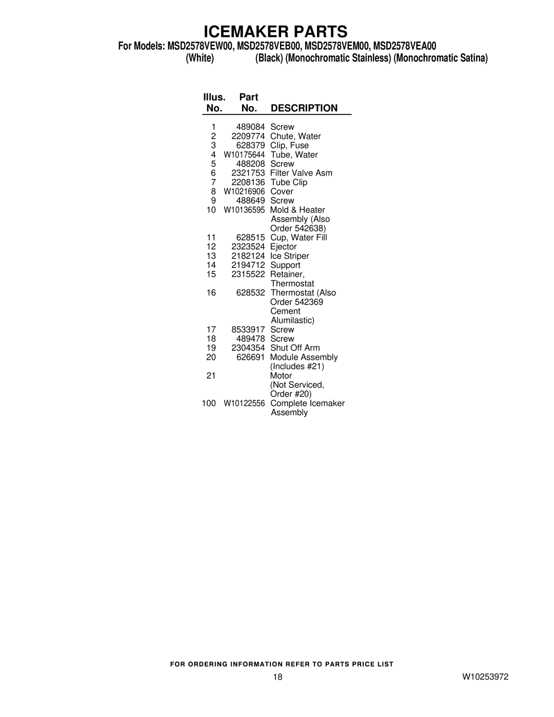 Maytag MSD2578VEA00, MSD2578VEW00, MSD2578VEM00, MSD2578VEB00 manual 100 W10122556 Complete Icemaker Assembly W10253972 