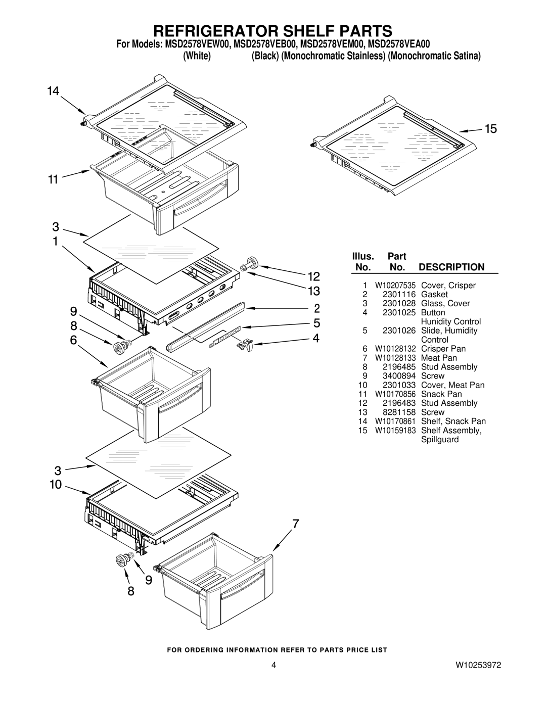 Maytag MSD2578VEW00, MSD2578VEM00, MSD2578VEA00, MSD2578VEB00 manual Refrigerator Shelf Parts 