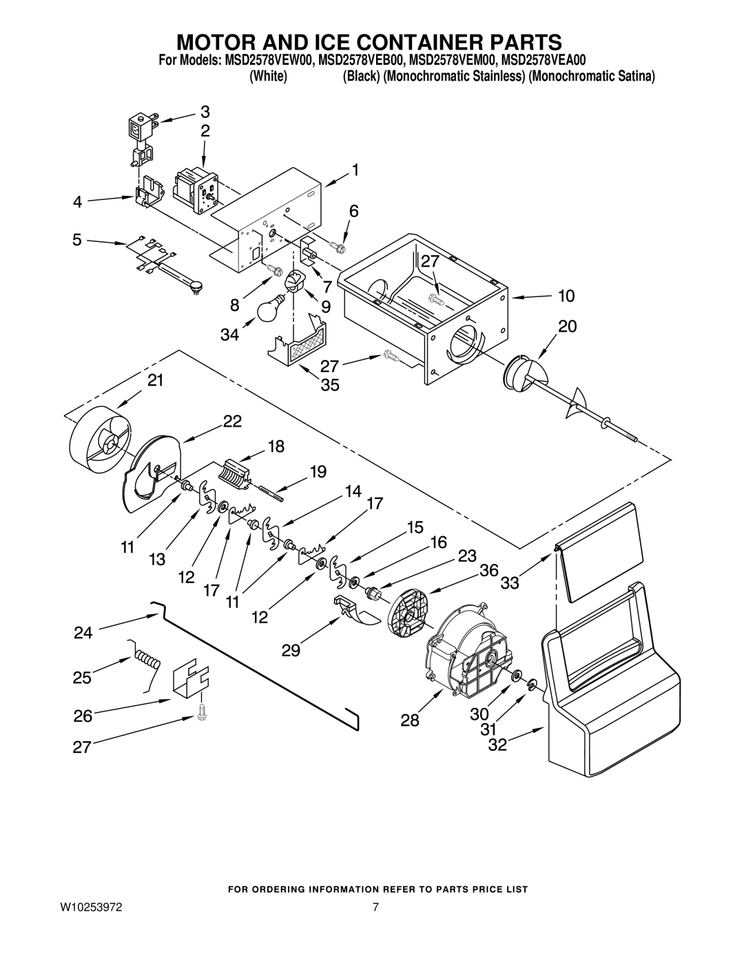 Maytag MSD2578VEB00, MSD2578VEW00, MSD2578VEM00, MSD2578VEA00 manual Motor and ICE Container Parts 