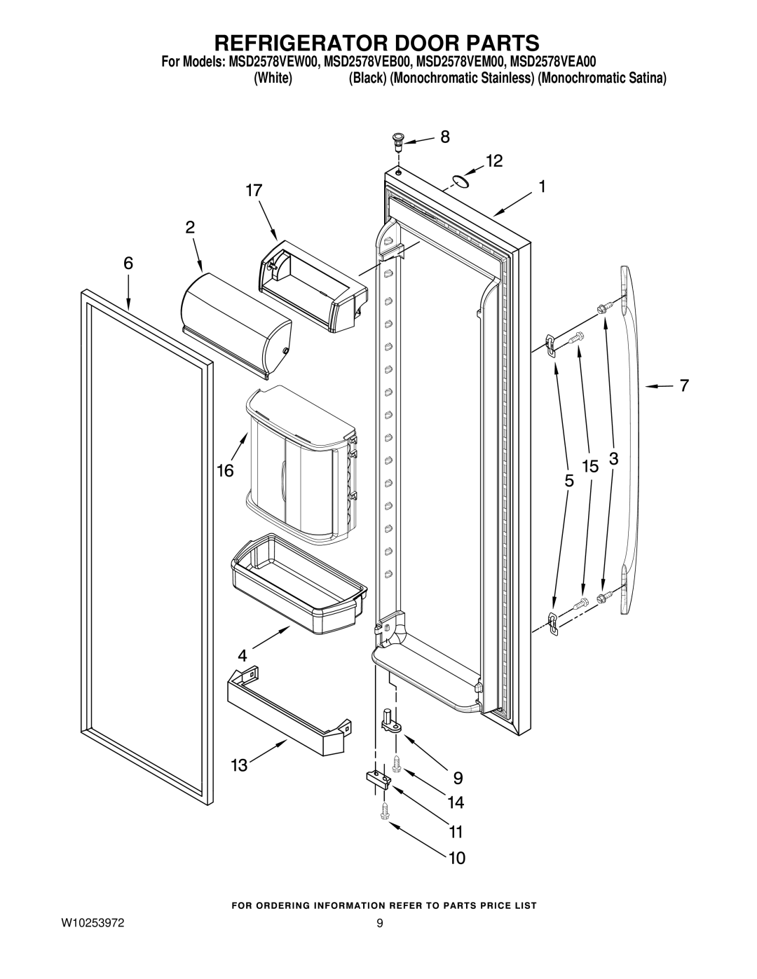 Maytag MSD2578VEM00, MSD2578VEW00, MSD2578VEA00, MSD2578VEB00 manual Refrigerator Door Parts 