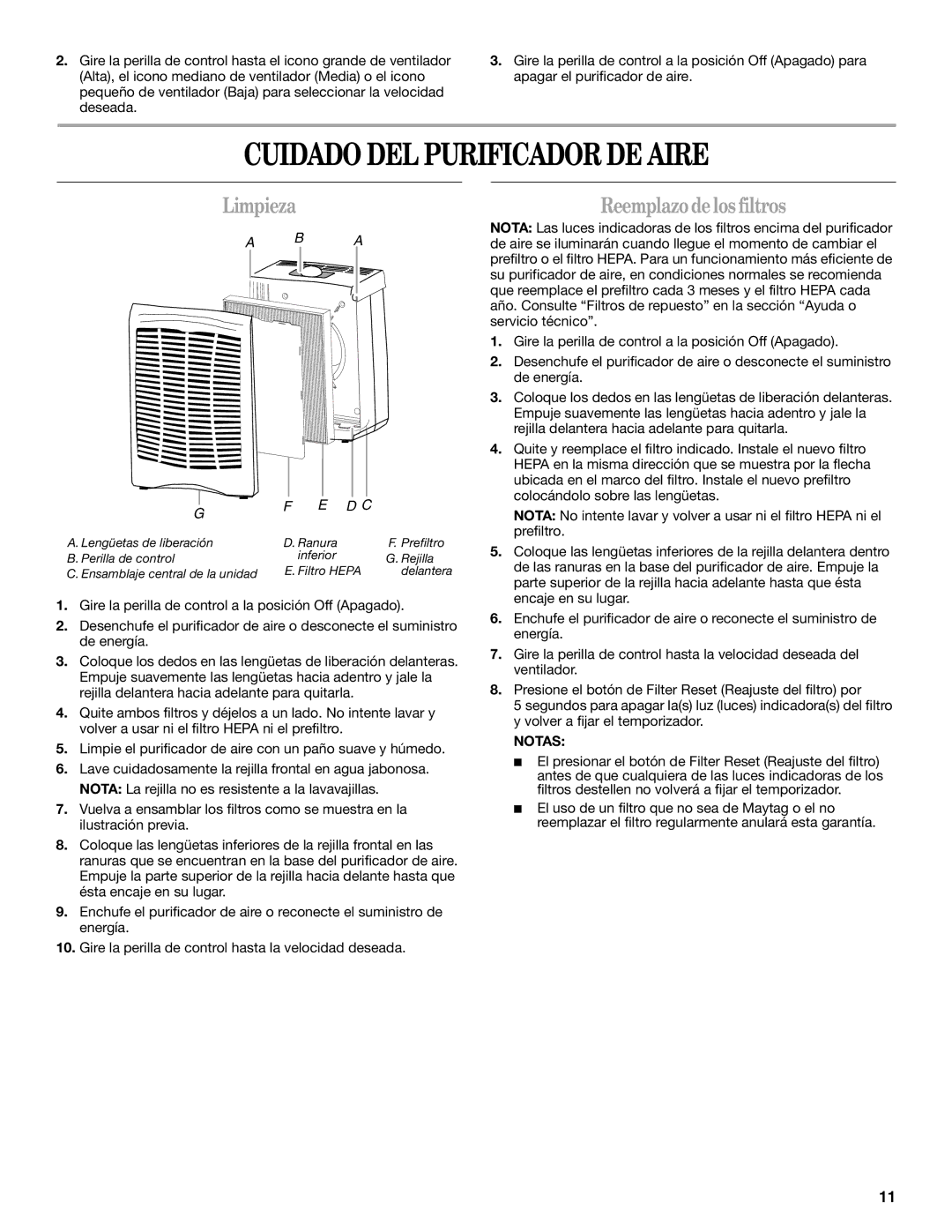 Maytag MT-AP250450 manual Cuidado DEL Purificador DE Aire, Limpieza, Reemplazo de los filtros, Notas 