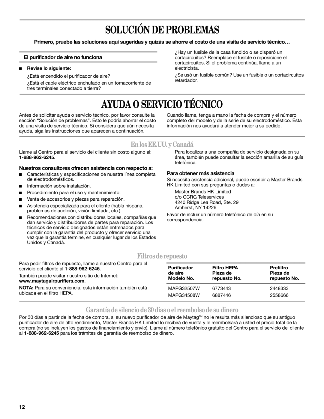 Maytag MT-AP250450 manual Solución DE Problemas, Ayuda O Servicio Técnico, Enlos EE.UU. y Canadá, Filtros de repuesto 