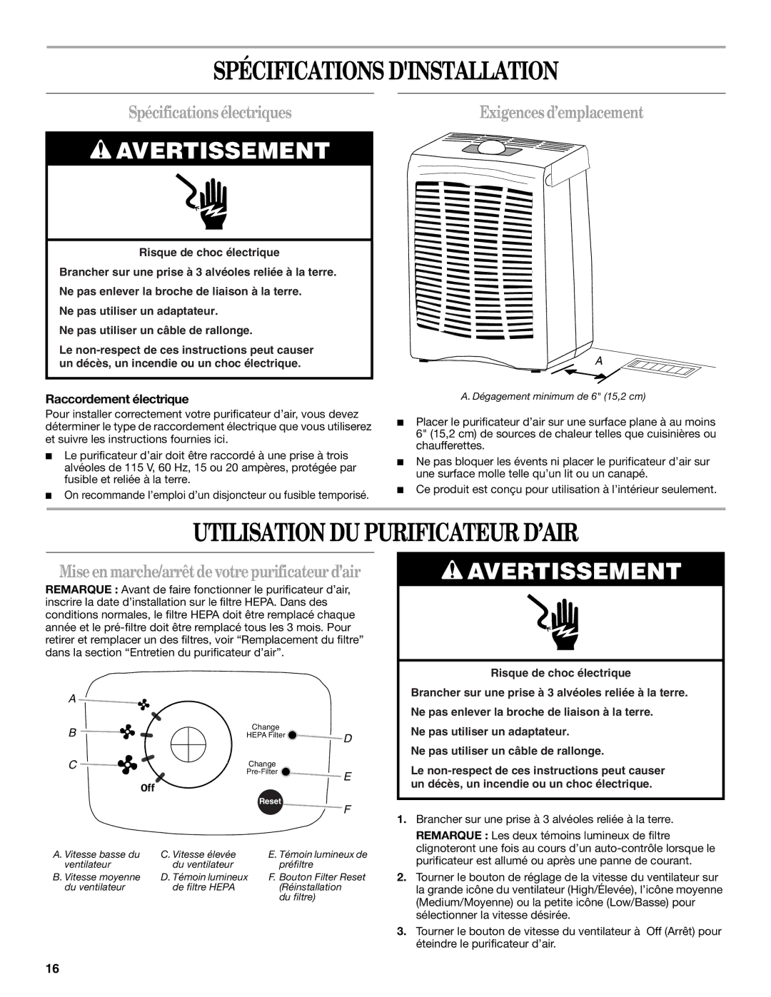 Maytag MT-AP250450 manual Spécifications Dinstallation, Utilisation DU Purificateur D’AIR, Spécificationsélectriques 