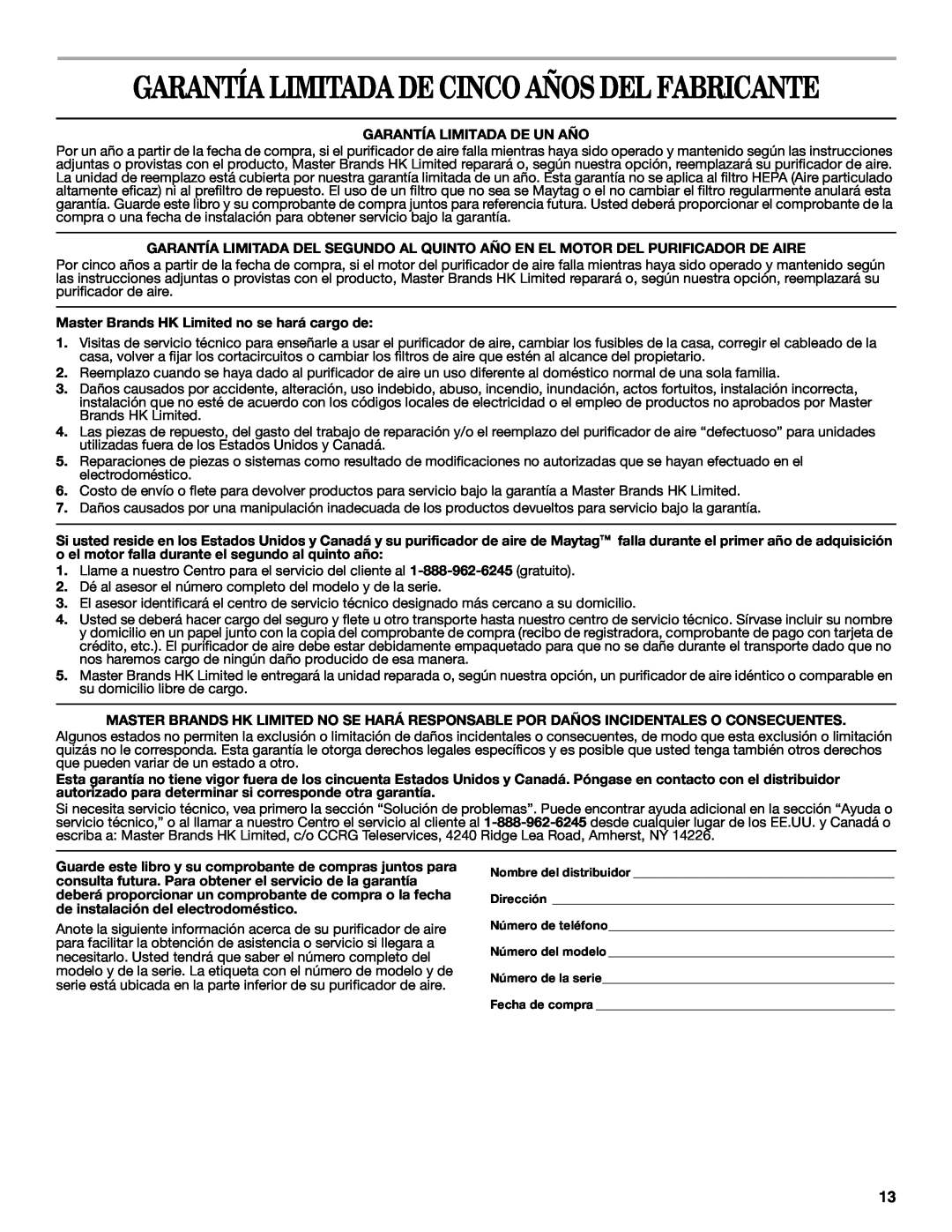 Maytag MT-AP250450 manual Garantía Limitada De Cinco Años Del Fabricante 