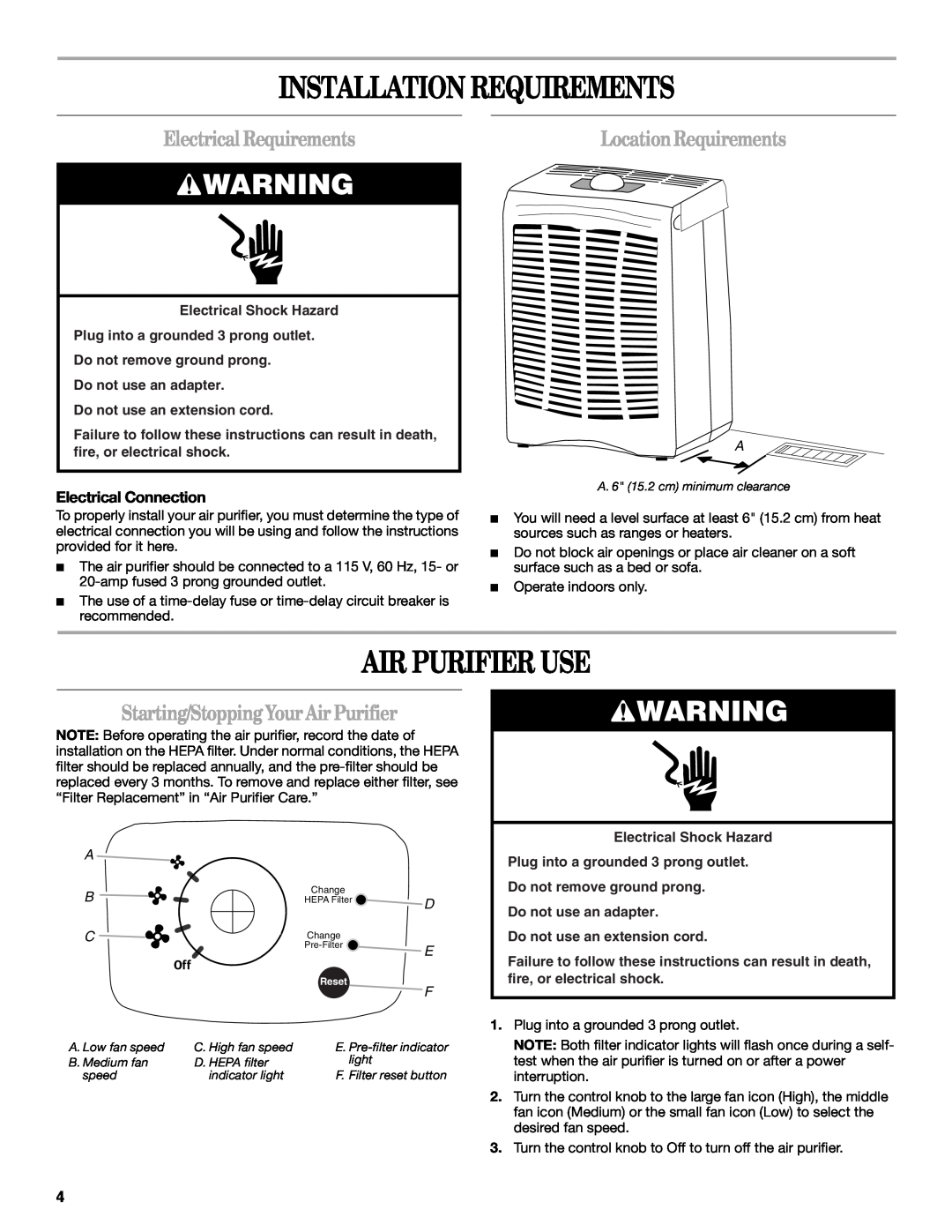 Maytag MT-AP250450 manual Installation Requirements, Air Purifier Use, Electrical Requirements, LocationRequirements 