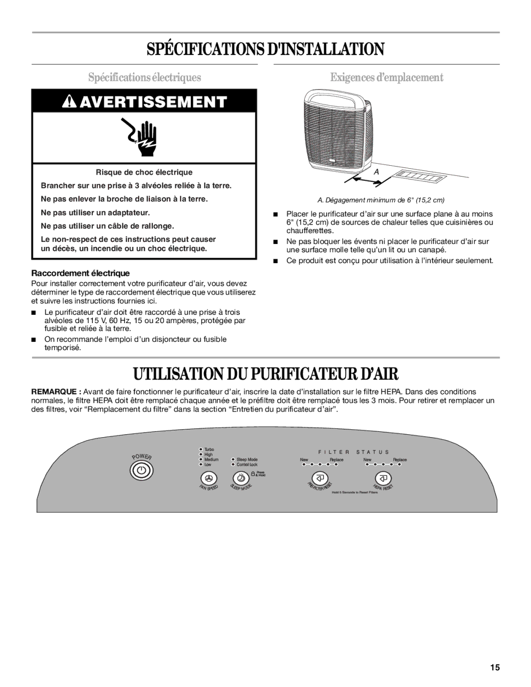 Maytag MT-AP510 manual Spécifications Dinstallation, Utilisation DU Purificateur D’AIR, Spécificationsélectriques 