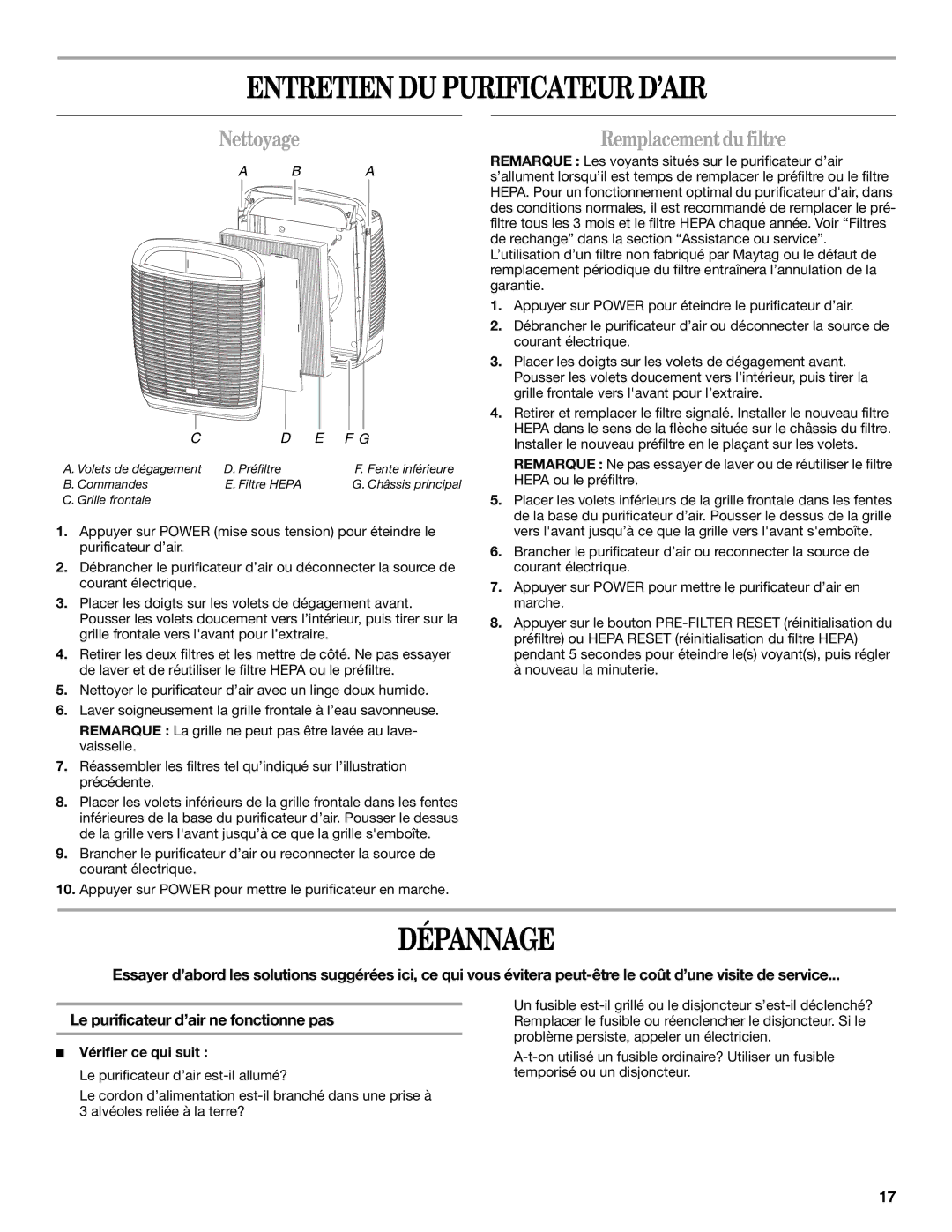 Maytag MT-AP510 manual Entretien DU Purificateur D’AIR, Dépannage, Nettoyage, Remplacement du filtre, Vérifier ce qui suit 