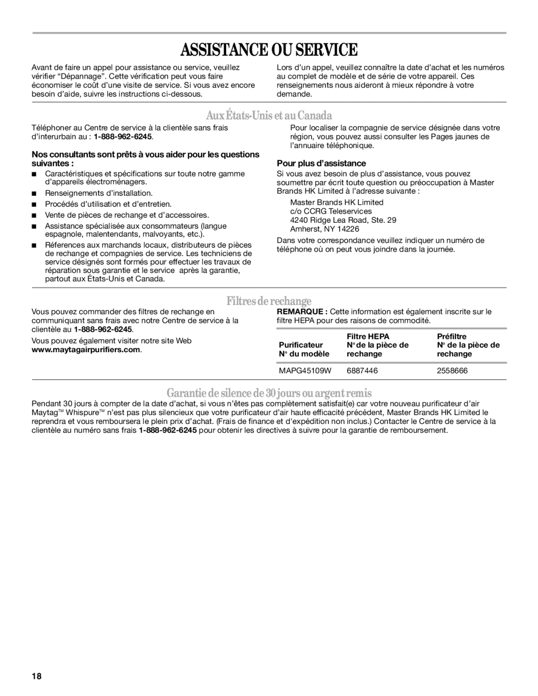 Maytag MT-AP510 manual Assistance OU Service, Aux États-Unis et au Canada, Filtres de rechange, Pour plus d’assistance 