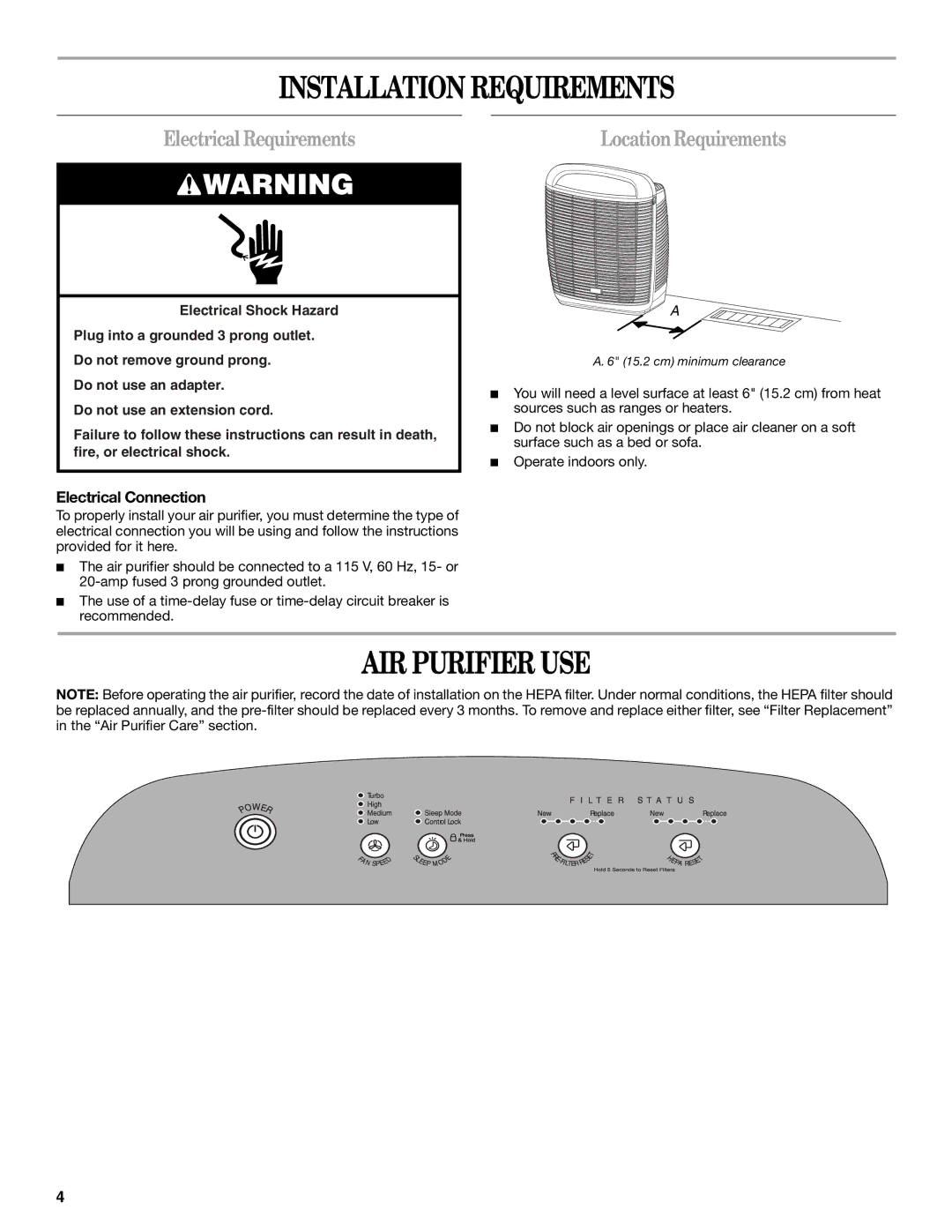 Maytag MT-AP510 manual Installation Requirements, AIR Purifier USE, Electrical Requirements, LocationRequirements 