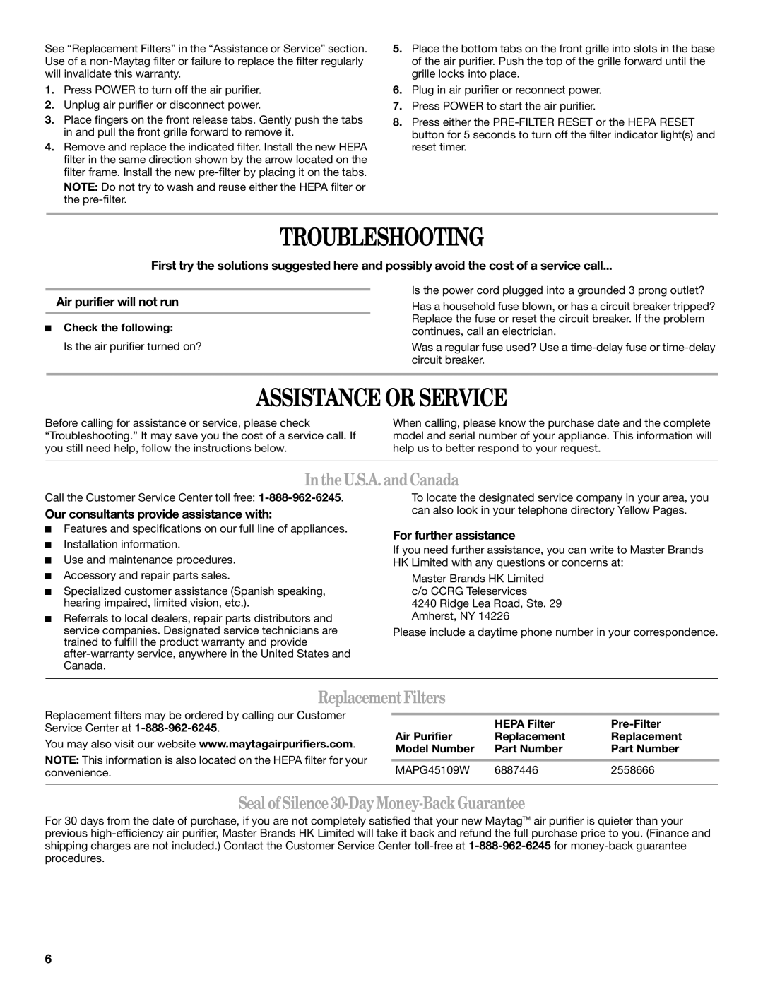 Maytag MT-AP510 manual Troubleshooting, Assistance or Service, Inthe U.S.A. and Canada, Replacement Filters 