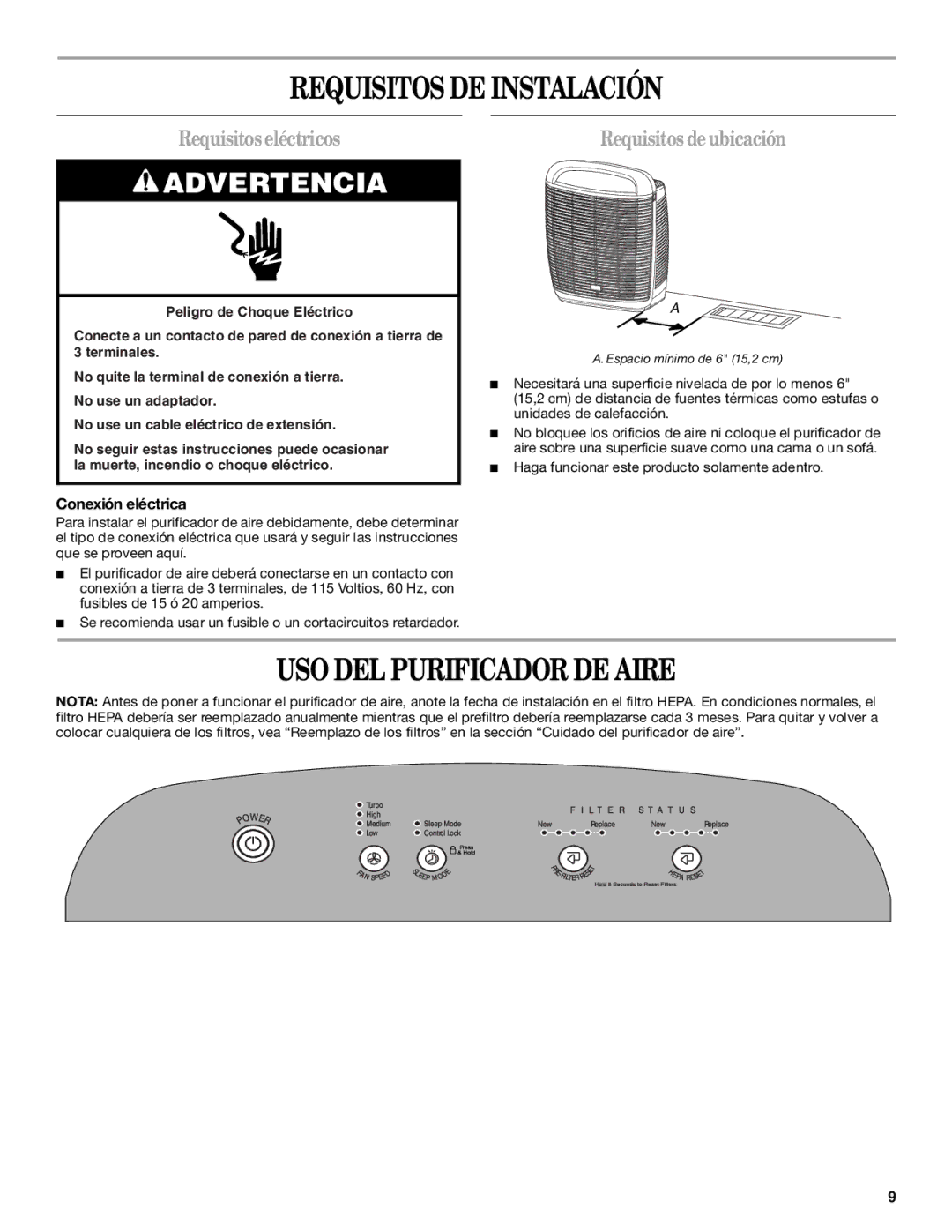 Maytag MT-AP510 Requisitos DE Instalación, USO DEL Purificador DE Aire, Requisitos eléctricos, Requisitos de ubicación 