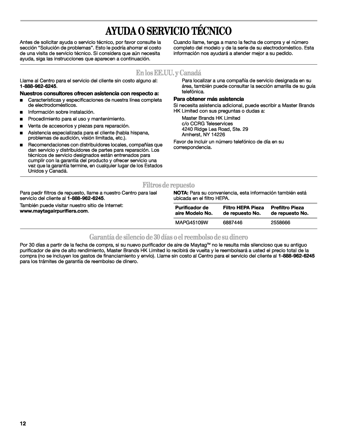 Maytag MT-AP510 manual Ayuda O Servicio Técnico, Enlos EE.UU. y Canadá, Filtros de repuesto, Para obtener más asistencia 