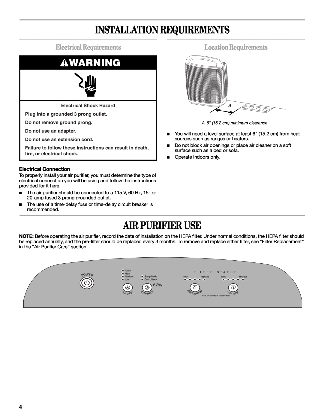 Maytag MT-AP510 manual Installation Requirements, Air Purifier Use, Electrical Requirements, LocationRequirements 