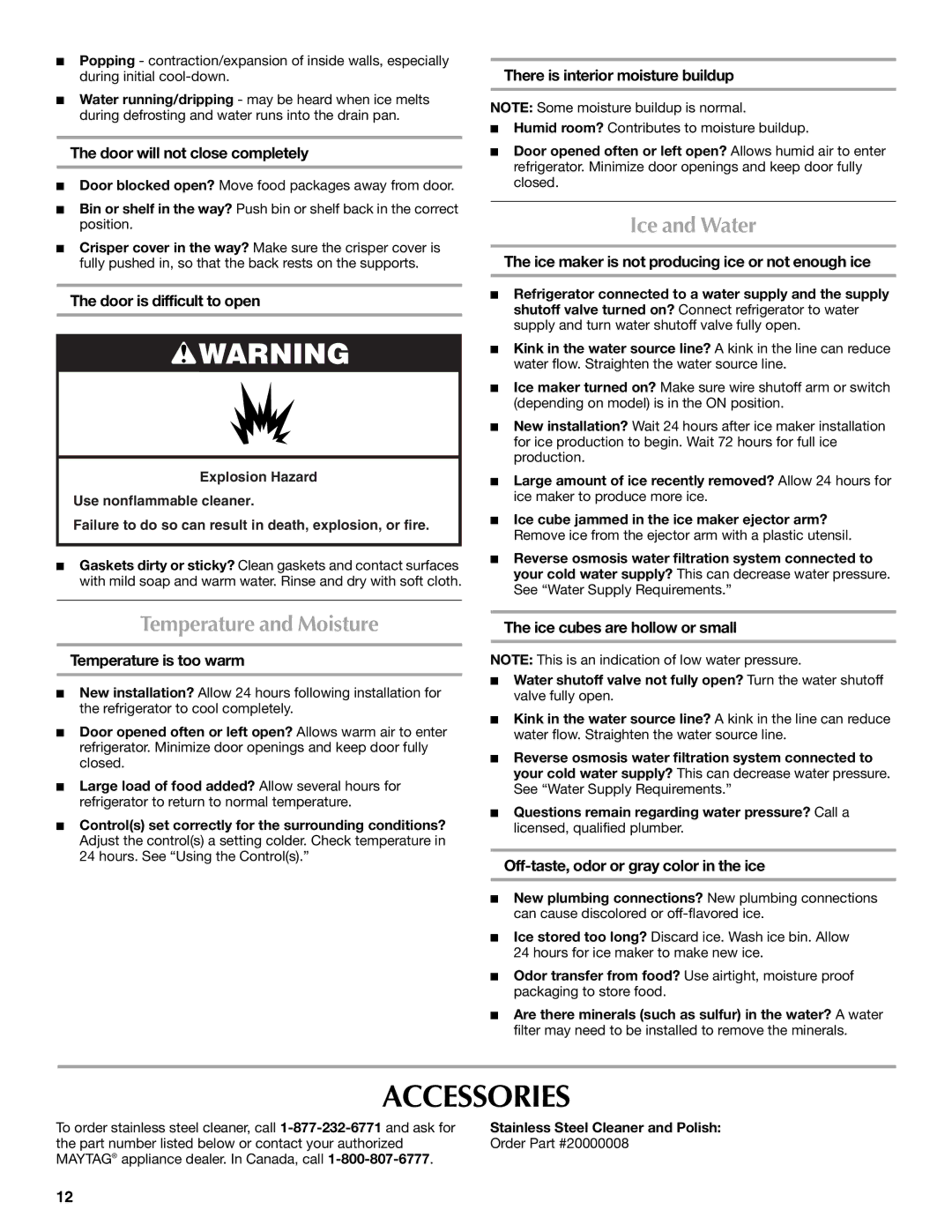 Maytag MTB2254EES, W10312244A, W10312243A installation instructions Accessories, Ice and Water, Temperature and Moisture 