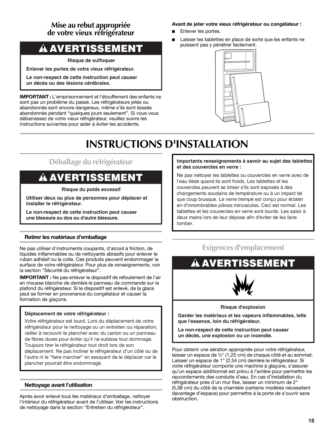 Maytag MTB2254EES, W10312244A, W10312243A Instructions Dinstallation, Déballage du réfrigérateur, Exigences demplacement 