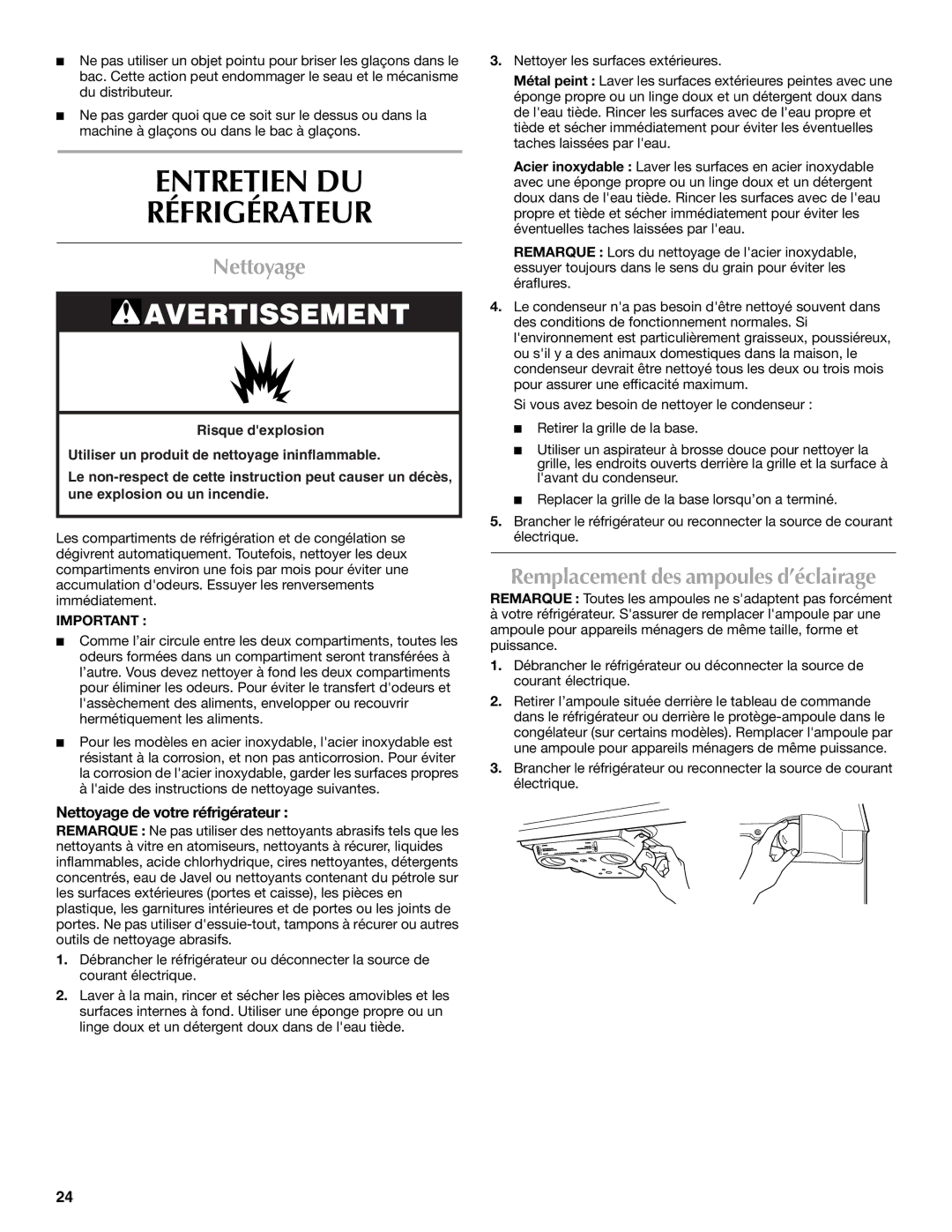 Maytag MTB2254EES, W10312244A, W10312243A Entretien DU Réfrigérateur, Nettoyage, Remplacement des ampoules d’éclairage 