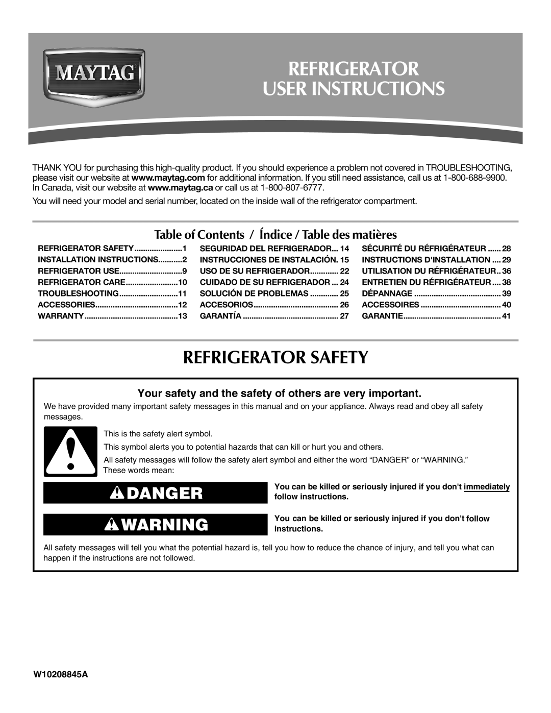 Maytag MTB2254EEW installation instructions Refrigerator User Instructions, Refrigerator Safety 