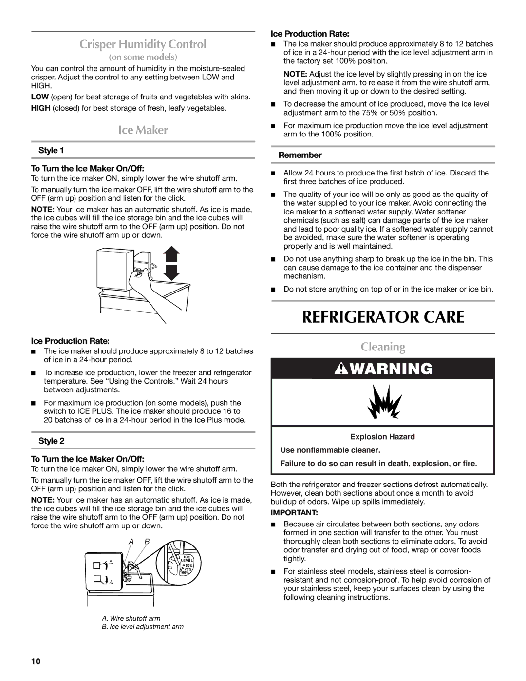 Maytag MTB2254EEW installation instructions Refrigerator Care, Crisper Humidity Control, Ice Maker, Cleaning 