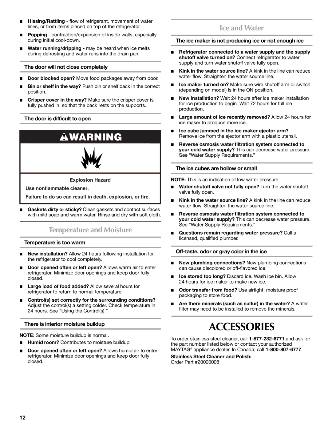 Maytag MTB2254EEW installation instructions Accessories, Temperature and Moisture, Ice and Water 